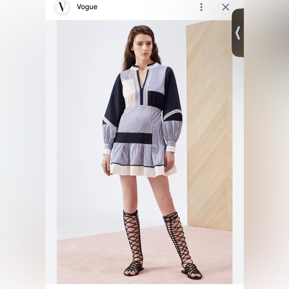 Tanya Taylor YaYa split neck Navy and Cream Striped Patchwork Mini Dress